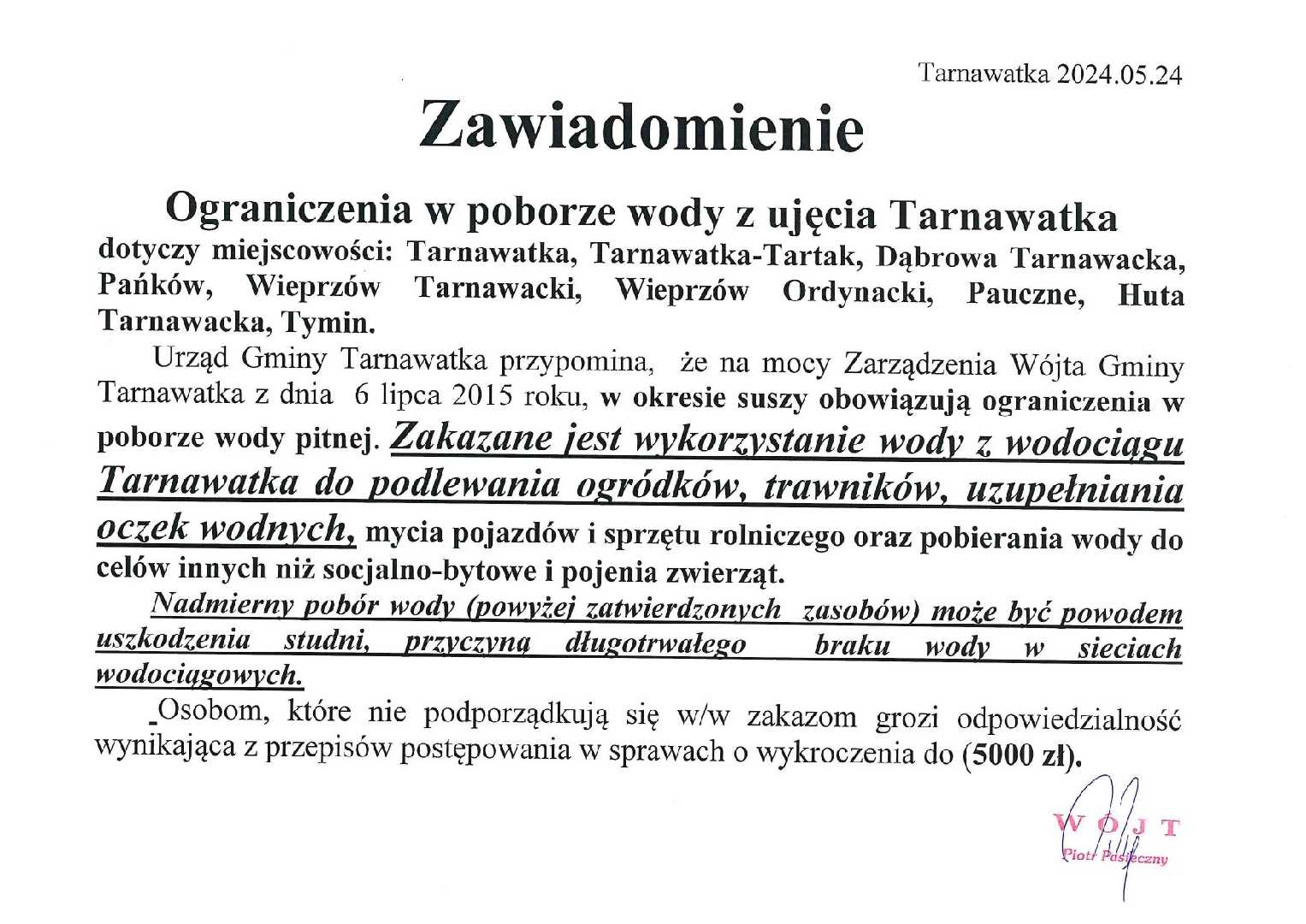 UWAGA! Ograniczenia w poborze wody z ujęcia Tarnawatka