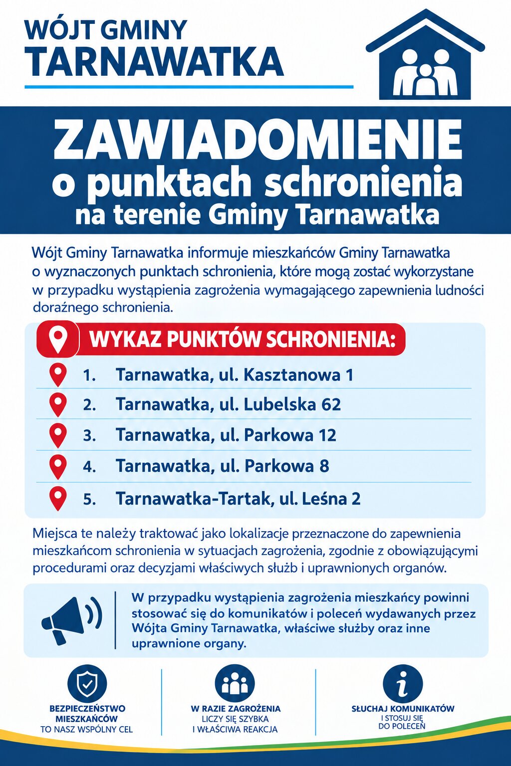 Zawiadomienie o punktach schronienia na terenie Gminy Tarnawatka